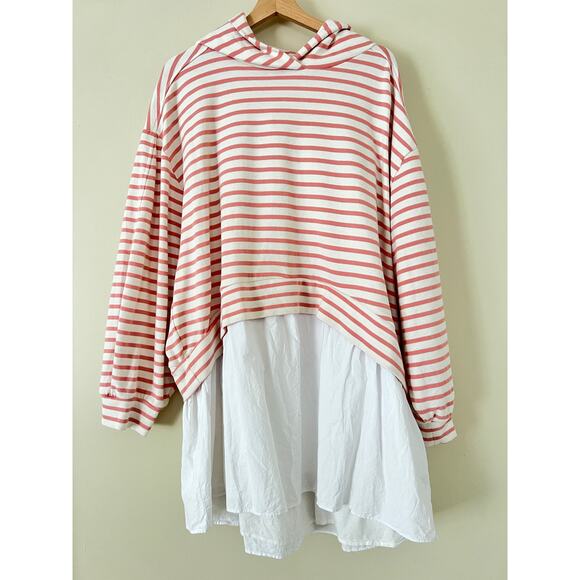 Anthropologie Pilcro Hooded Sweatshirt Twofer Mini Dress Large Pink Stripe - Picture 6 of 9